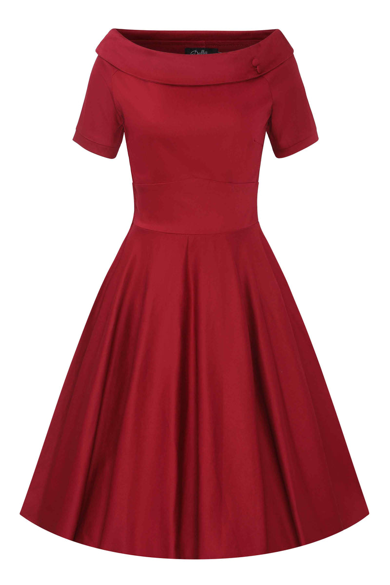 Front view of Darlene Burgundy Roll Collar Circle Dress