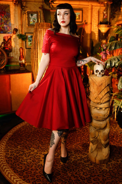 green emerald velvet dress Lily Off-Shoulder 50's Evening Dress in Burgundy Red