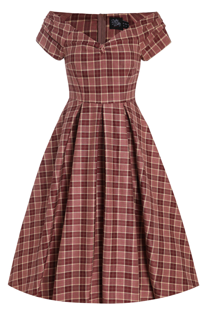 Lily Burgundy Tartan Off Shoulder Swing Dress