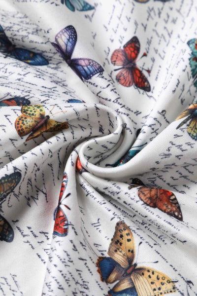 Close up view of Butterfly Collection Print 50s Style Dress in White