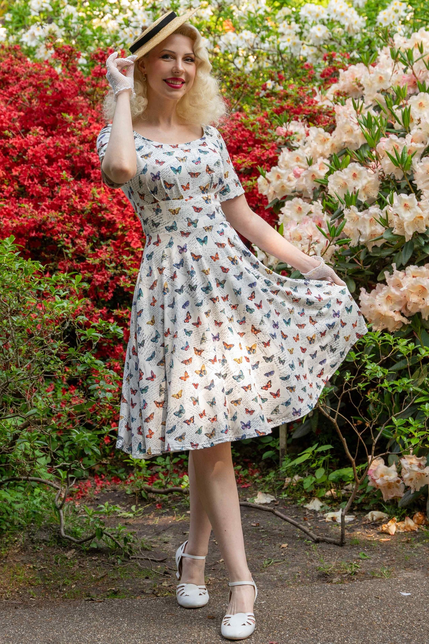 Model photo of White Butterfly Collection 50s Style Dress