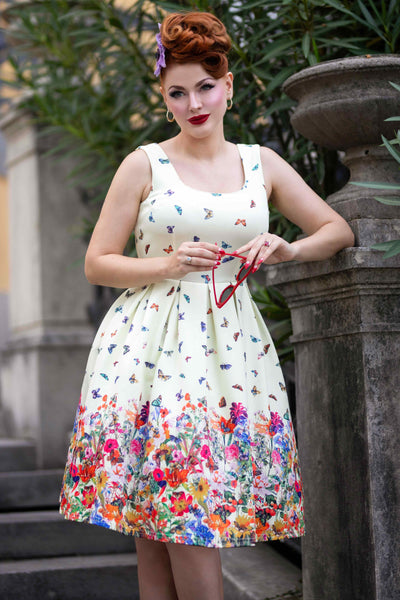 A model wearing a Butterfly Garden Flared Dress