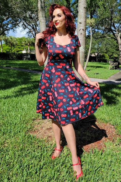 Cap Sleeved Cherry Skater Dress