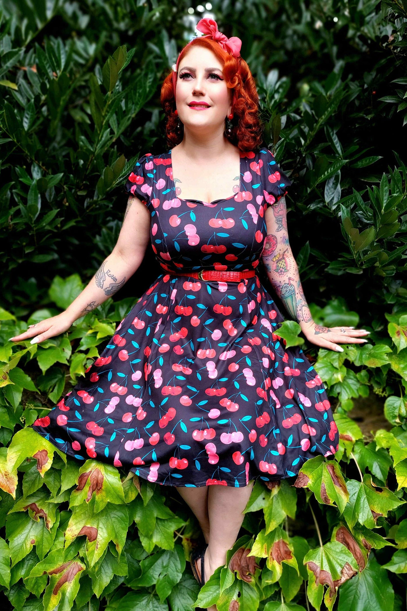 Cap Sleeved Cherry Skater Dress