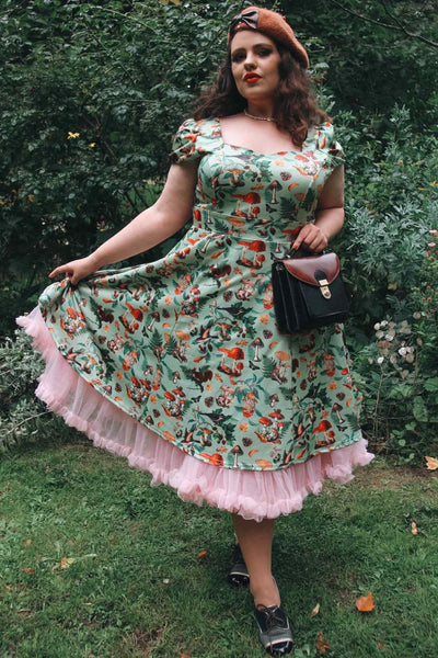 Claudia Cap Sleeved Dress in Mushroom, Squirrels Forest Print