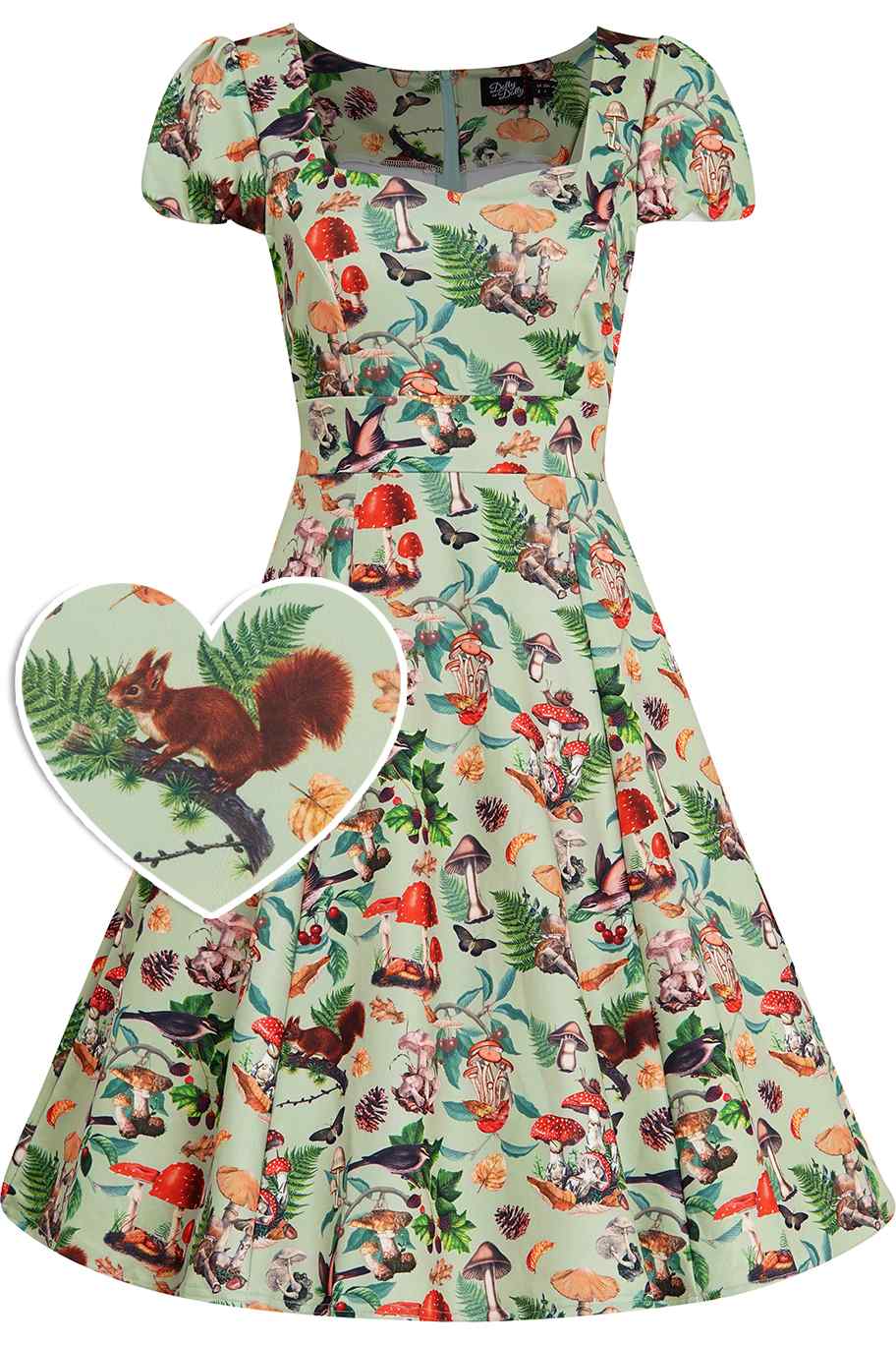 Front view of Claudia Cap Sleeved Dress in Mushroom, Squirrels Forest Print