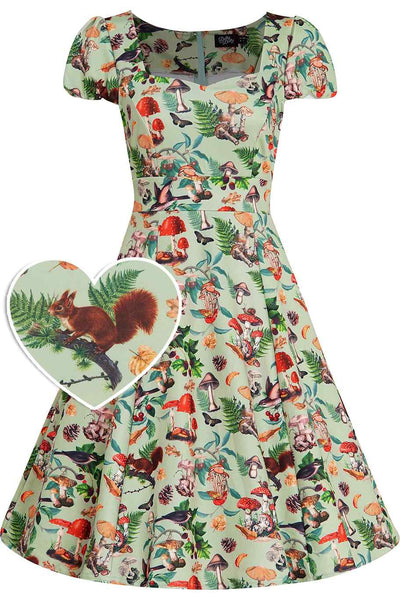 Front view of Claudia Cap Sleeved Dress in Mushroom, Squirrels Forest Print