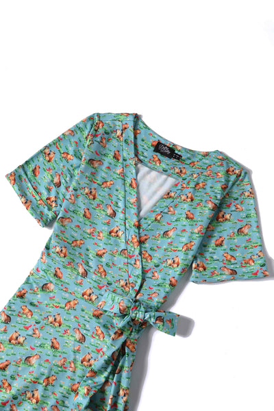 Close up View of Capybara Blue Wrap Dress