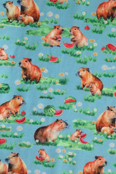 Close up View of Capybara Blue Wrap Dress