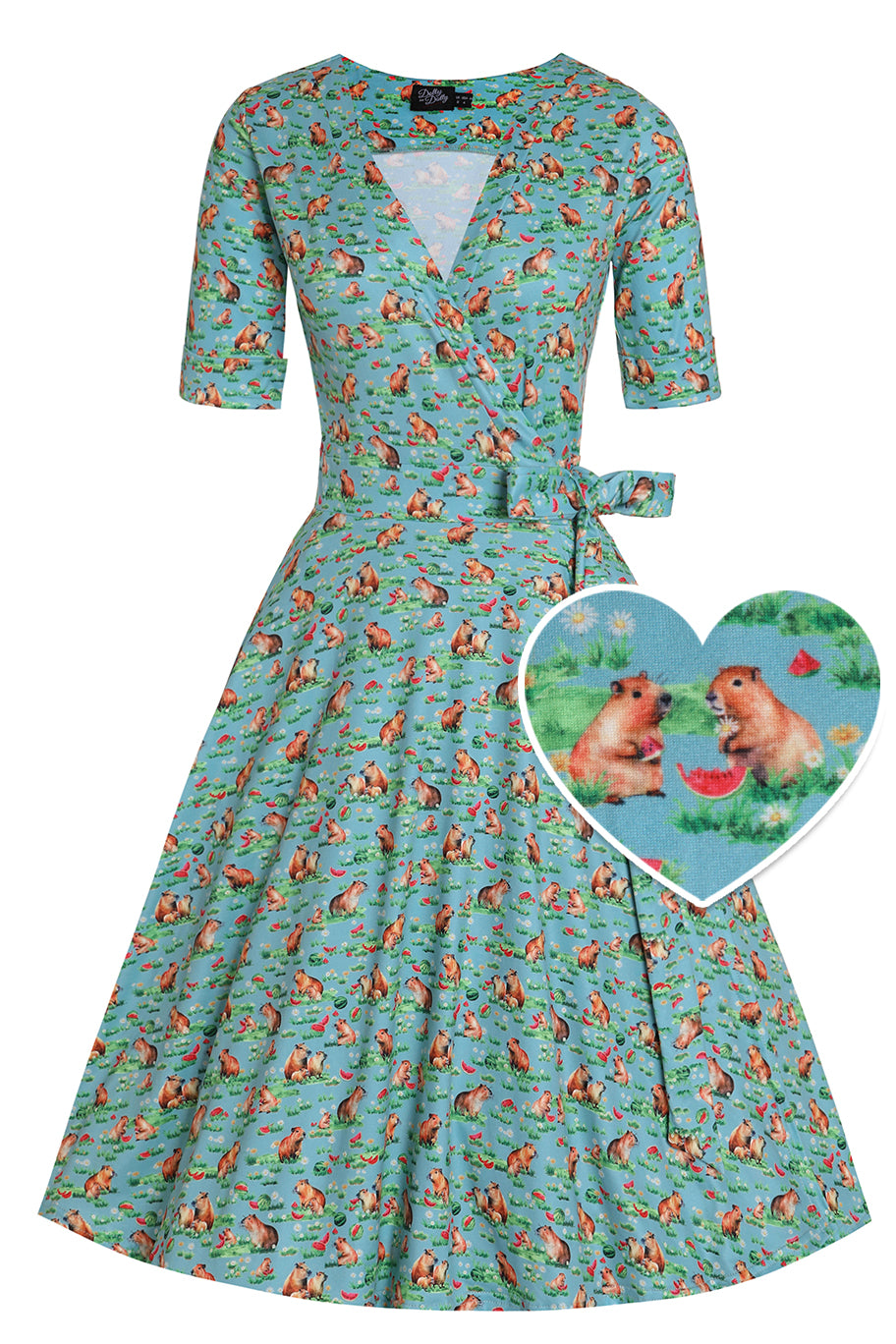 Front View of Capybara Blue Wrap Dress
