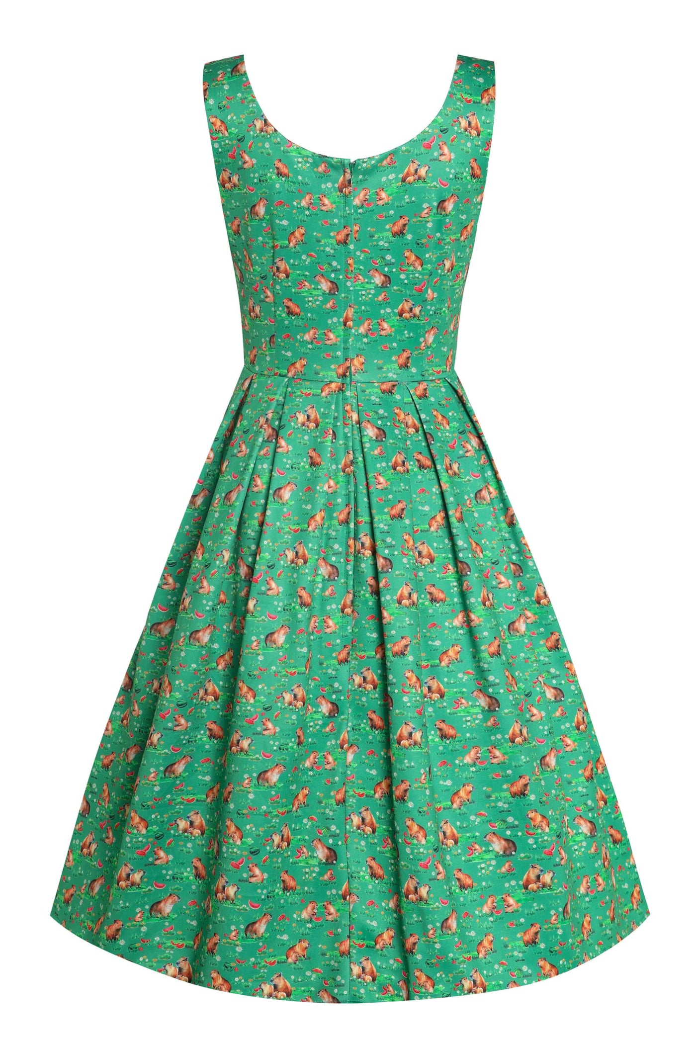 Back view of Green Flared Dress in Capybara Watermelon Print