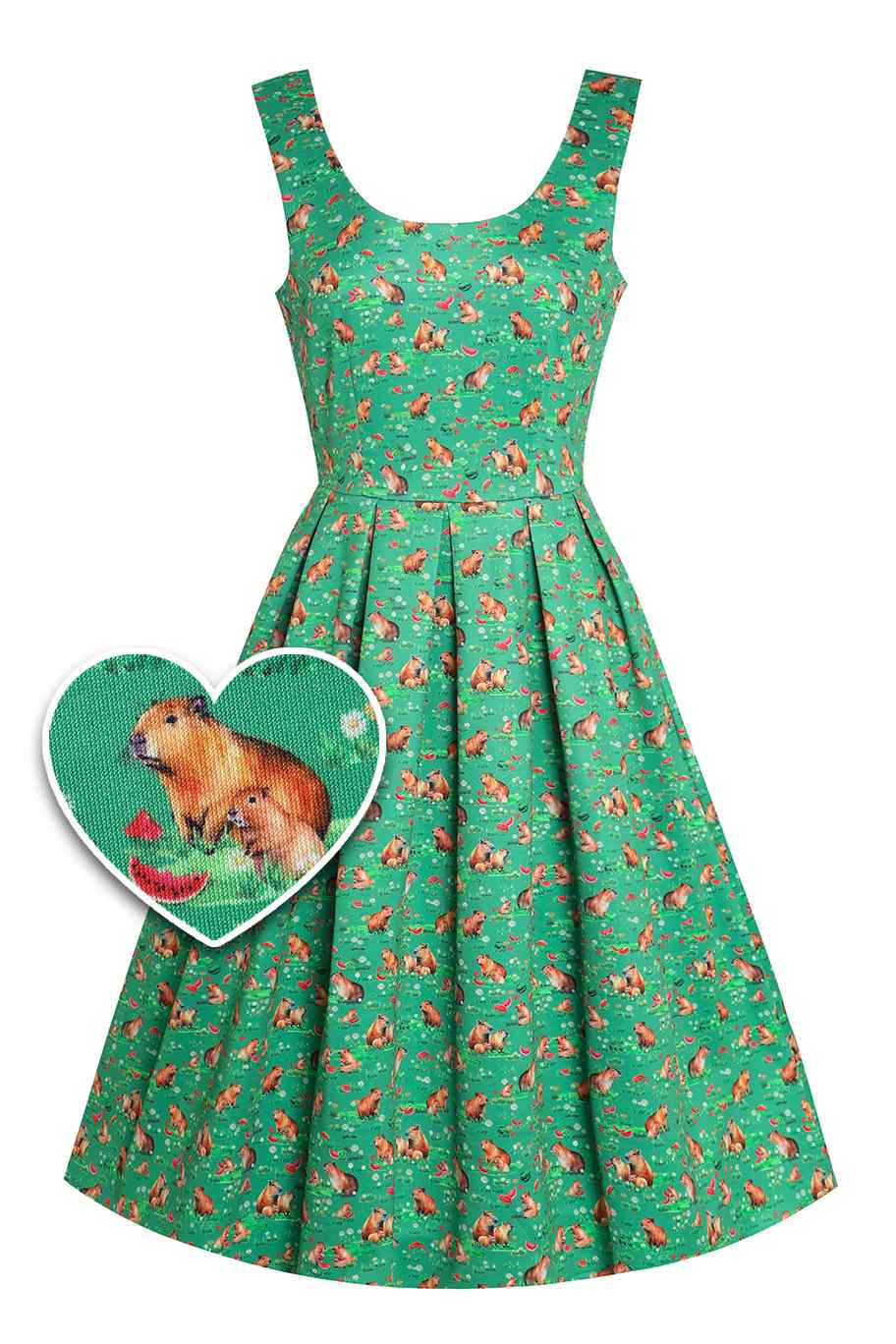 Front view of Green Flared Dress in Capybara Watermelon Print