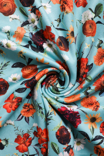 Close up view of Carnation Flowers Tea Dress in Light Blue