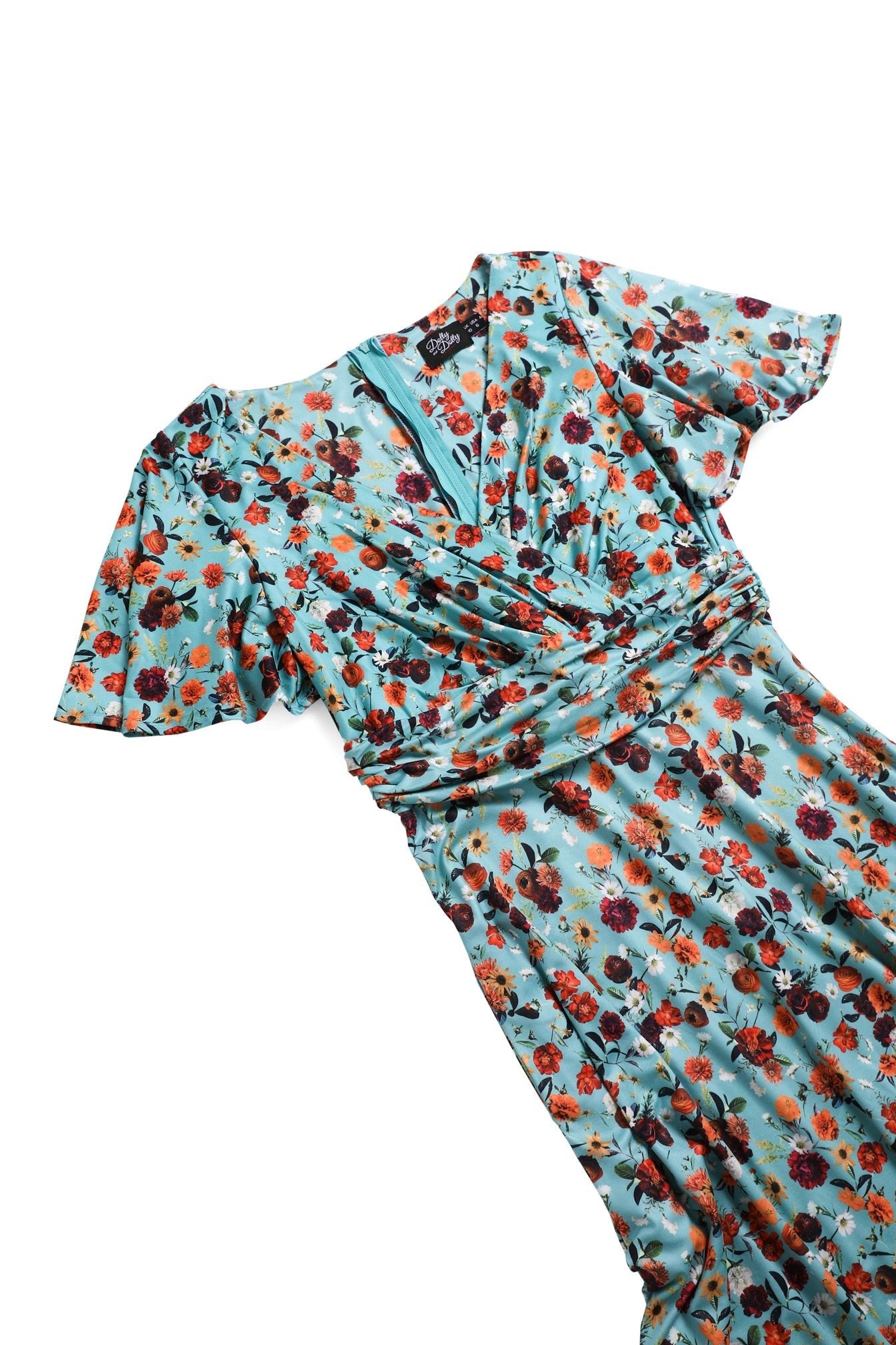 Close up view of Carnation Flowers Tea Dress in Light Blue