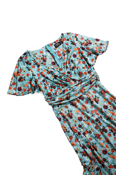 Close up view of Carnation Flowers Tea Dress in Light Blue