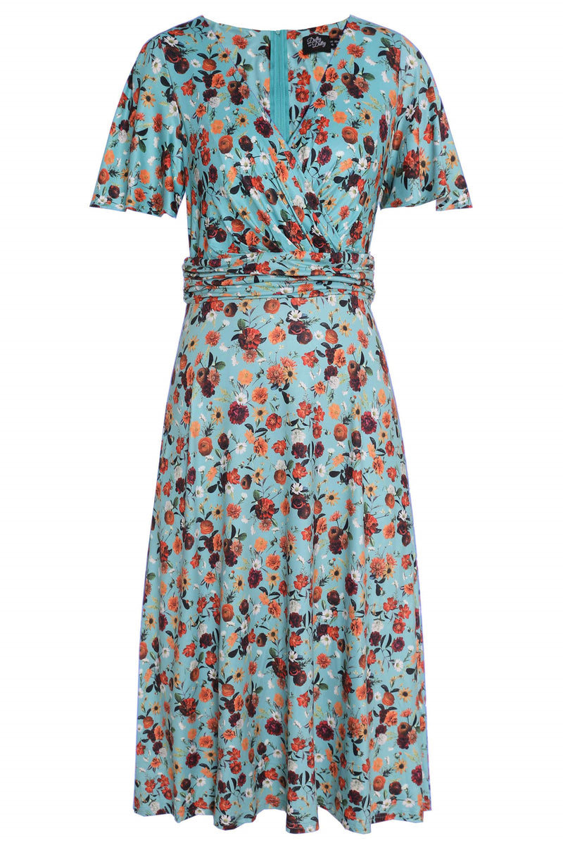Front view of Carnation Flowers Tea Dress in Light Blue