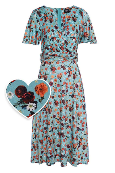 Front view of Carnation Flowers Tea Dress in Light Blue