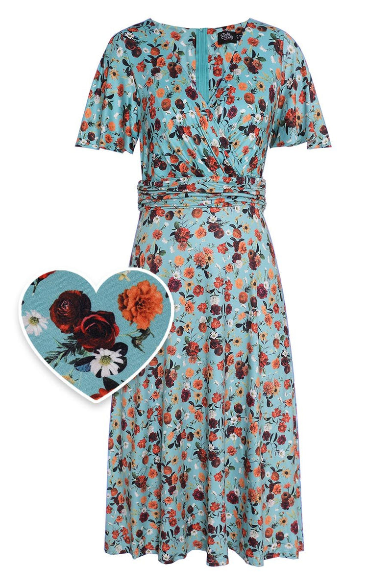 Front view of Carnation Flowers Tea Dress in Light Blue