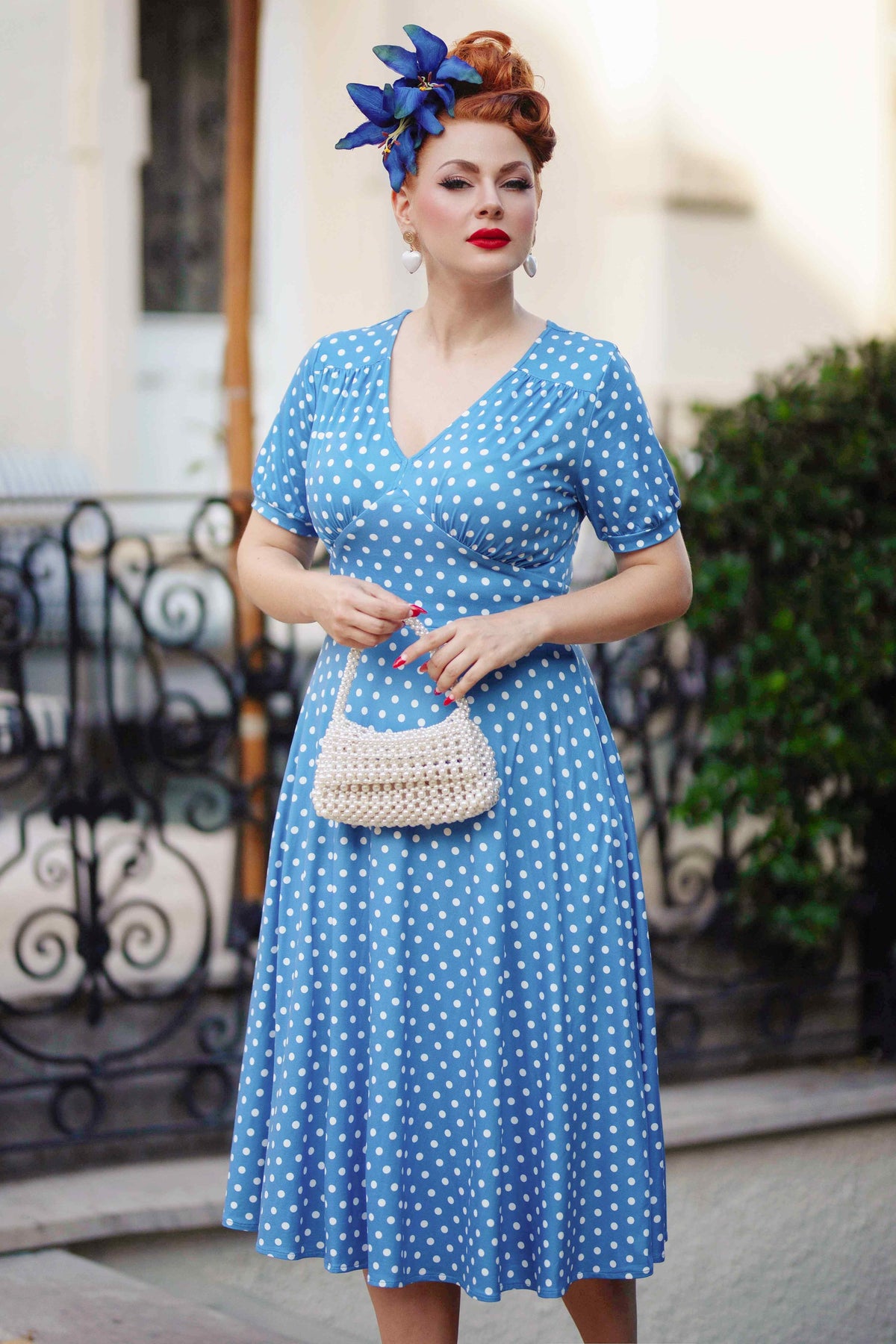 Vintage Inspired Casual Midi Dress in Blue Polka Dot Print