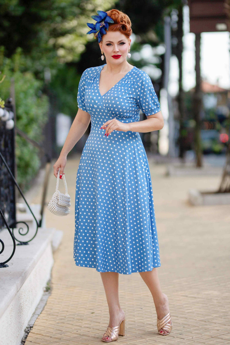 Vintage Inspired Casual Midi Dress in Blue Polka Dot Print Vintage Inspired Casual Midi Dress in Blue Polka Dot Print