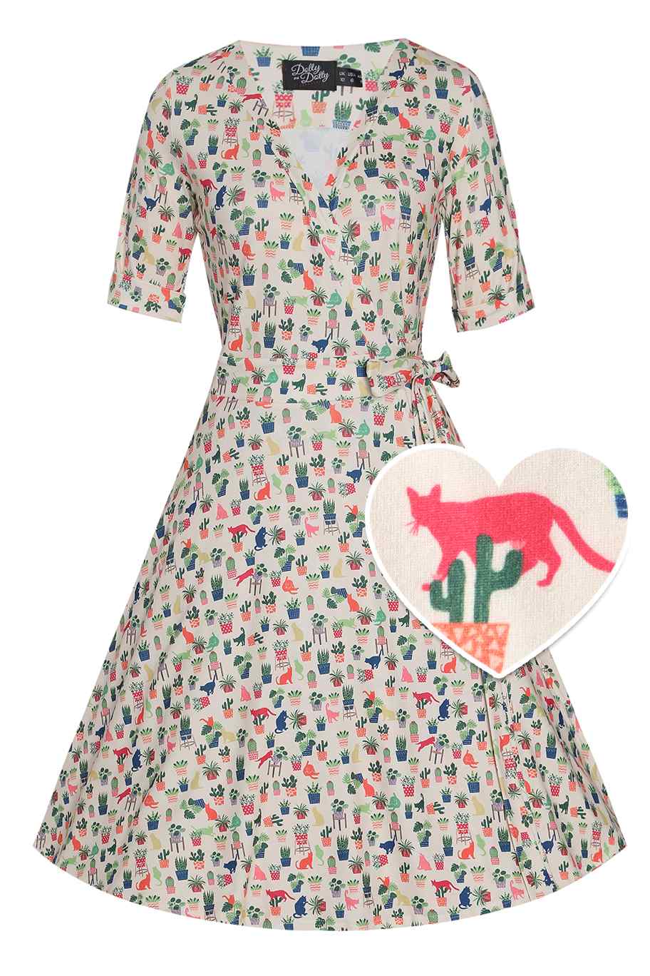 Front view of Cat & Plant Wrap Dress In White