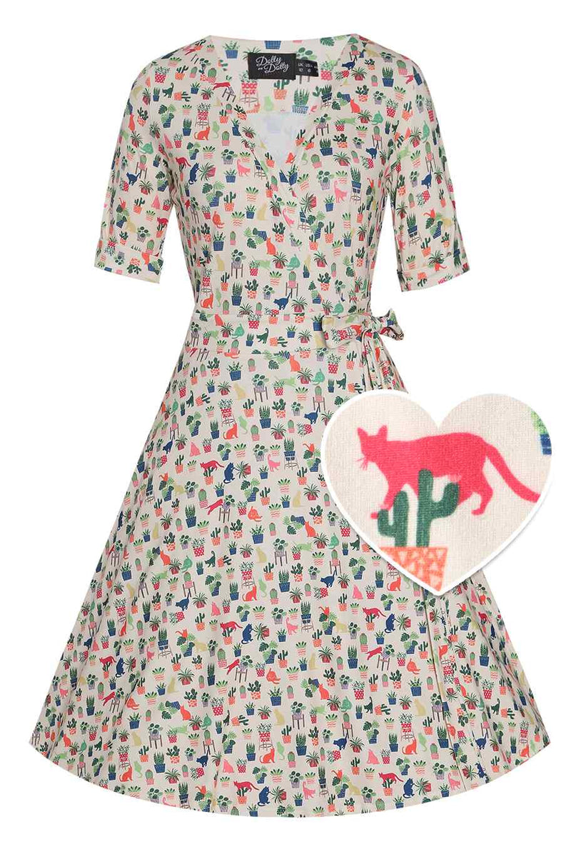 Front view of Cat & Plant Wrap Dress In White