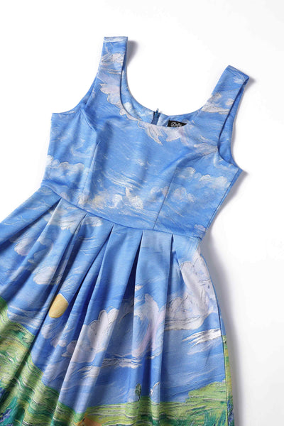Close up view of Cat Adventure Swing Dress In Pastels