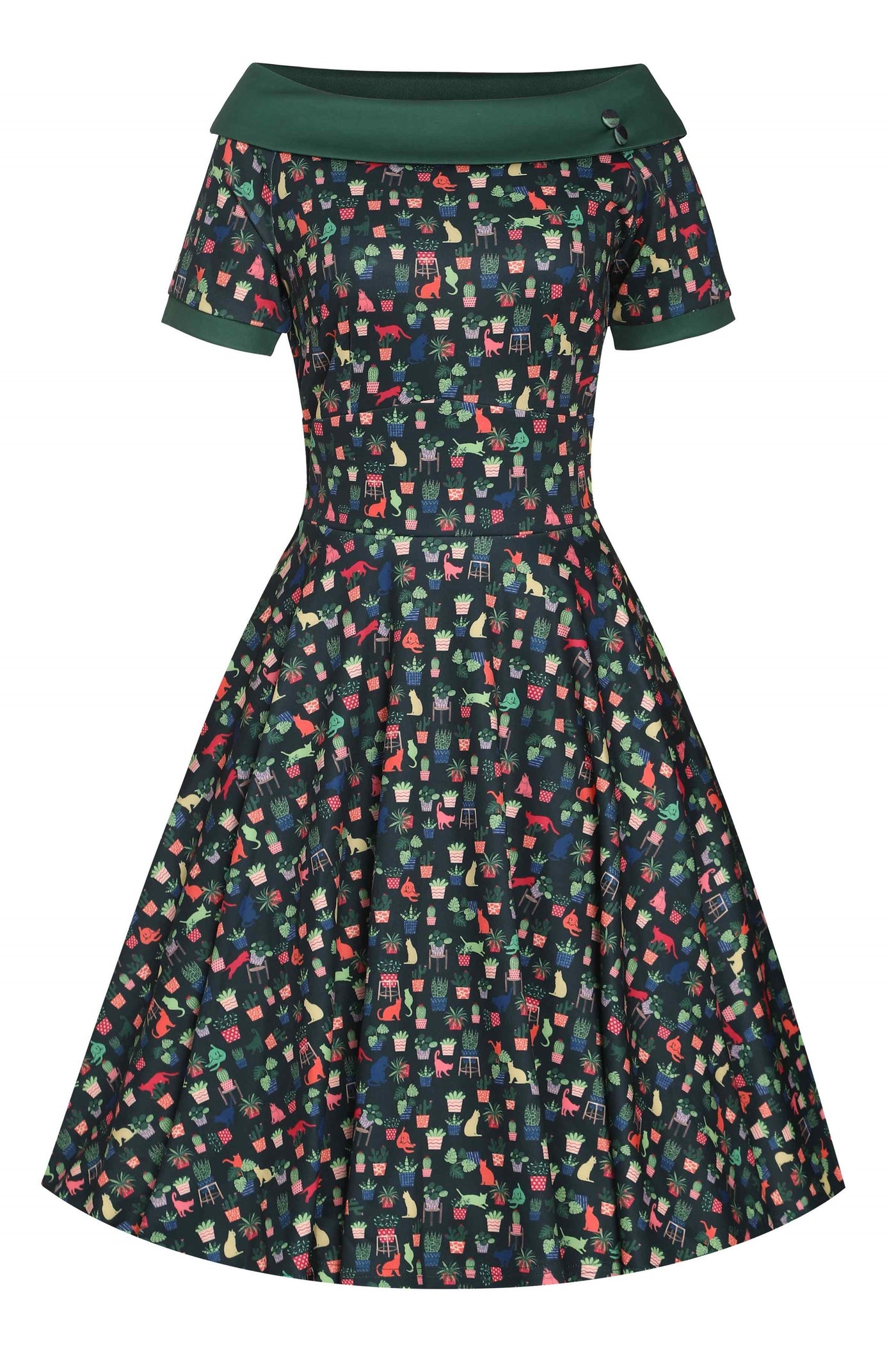 Darlene Cat & Plant Dress In Dark Green