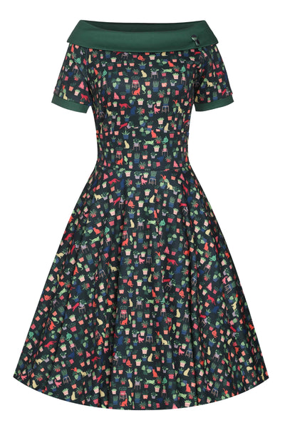Darlene Cat & Plant Dress In Dark Green
