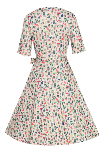 Back view of Cat & Plant Wrap Dress In White