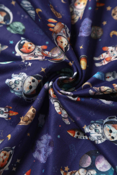 Close up view of Cat In Space Print Dress in Purple