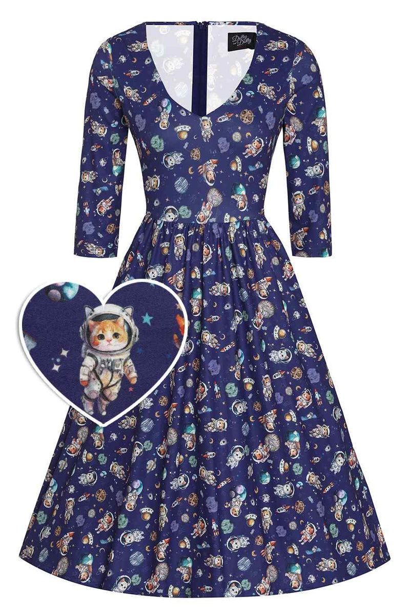 Front view of Cat In Space Print Dress in Purple