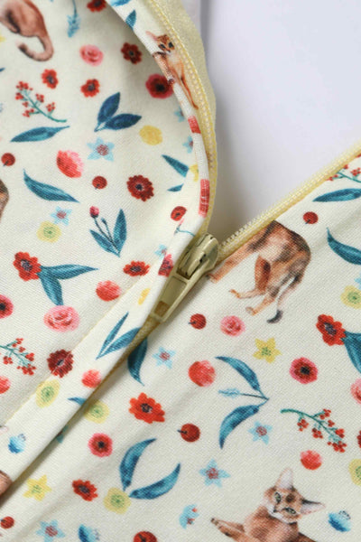 Cream dress with cat print, zip view