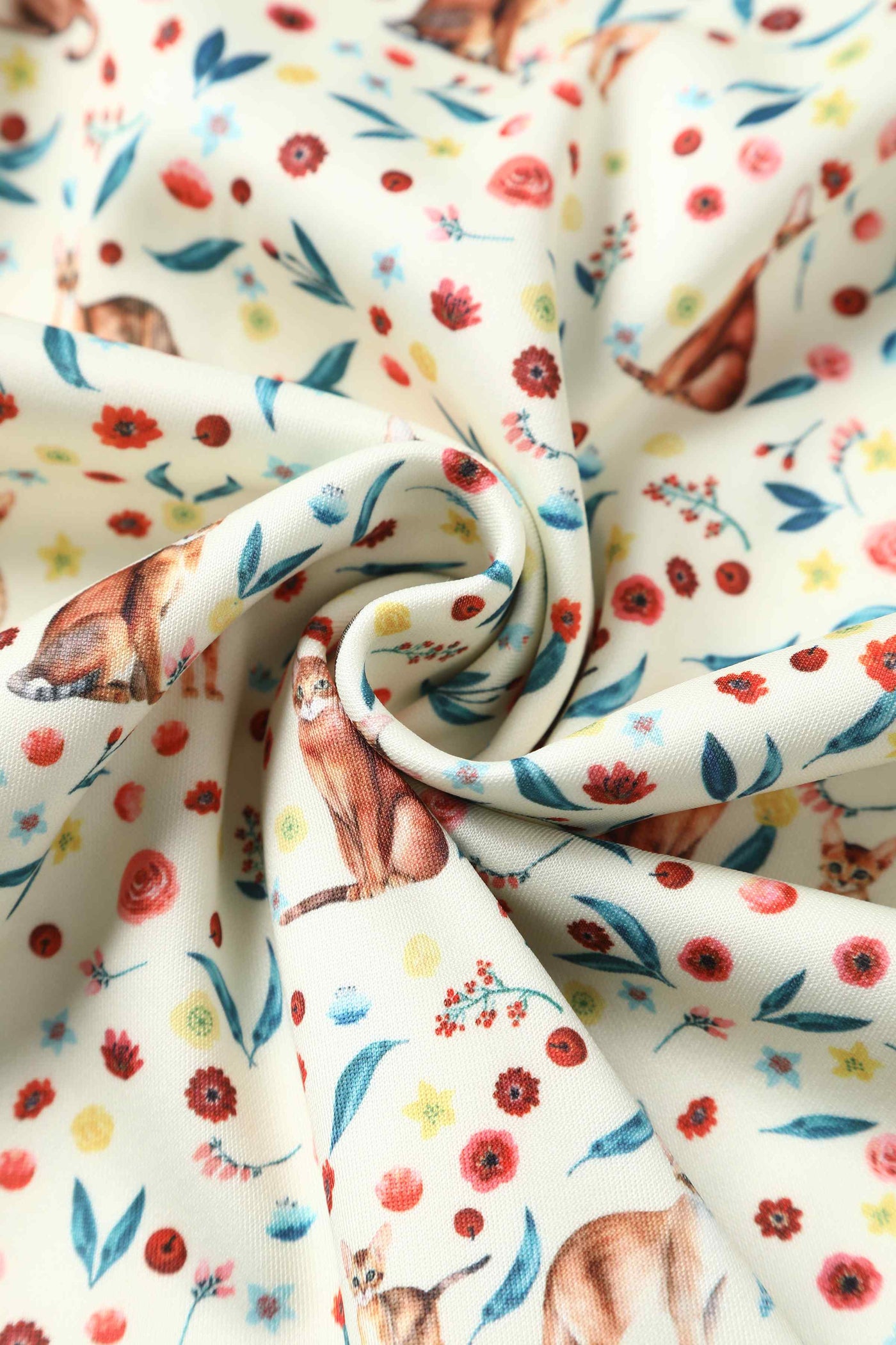 Close up view of Ivory Cream Flared Dress in Cat Floral Print