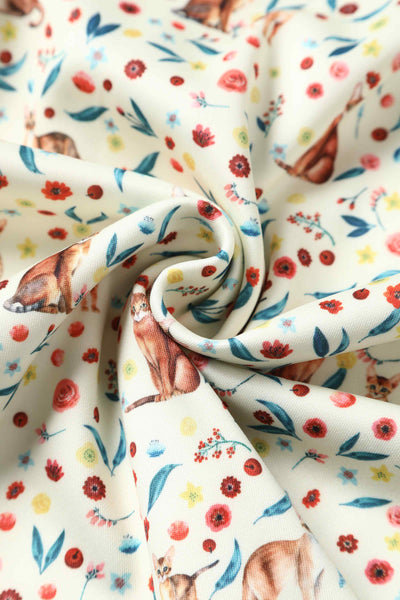 Close up view of Ivory Cream Flared Dress in Cat Floral Print