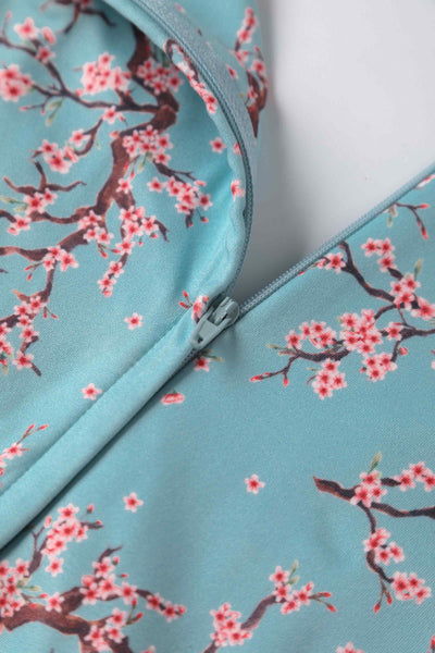 Close up View of Cherry Blossom Tea Dress in Blue