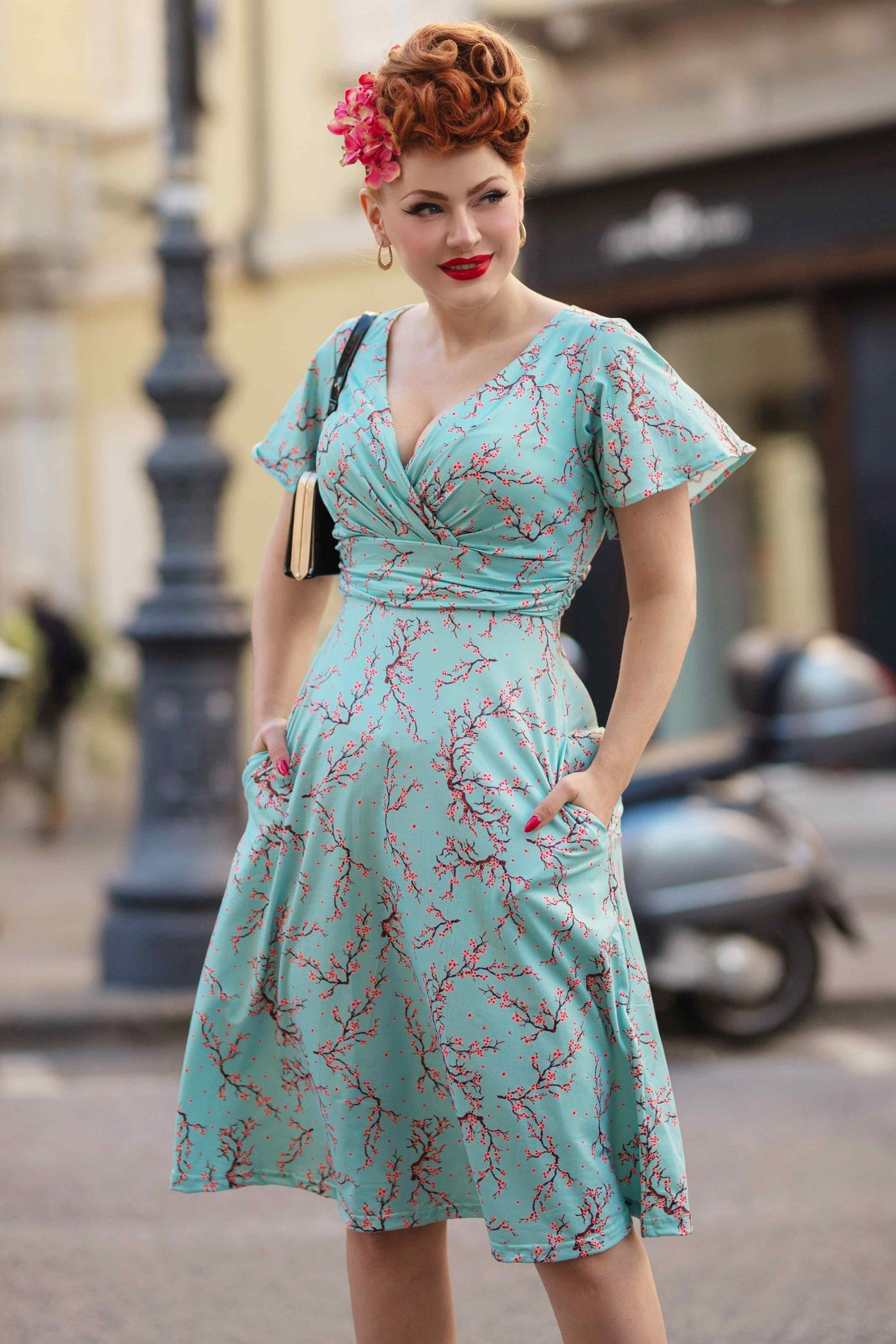 Model Front view of Light Blue Cherry Blossom Tea Dress