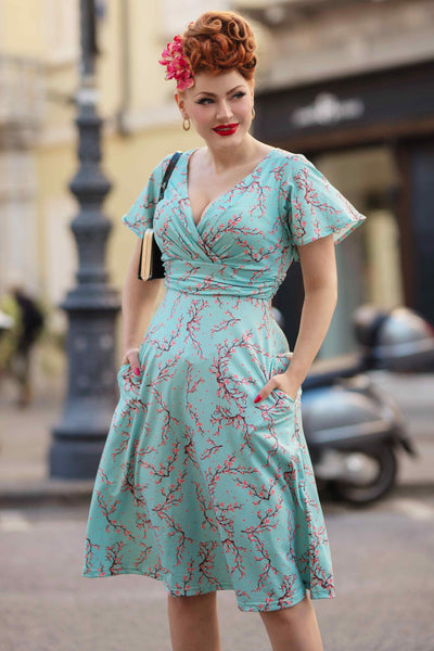 Model Front view of Light Blue Cherry Blossom Tea Dress