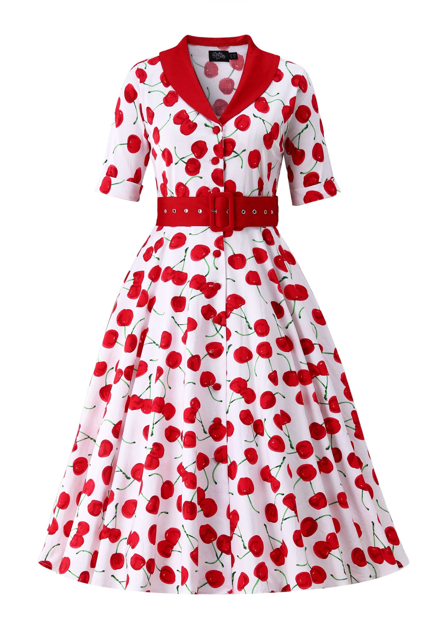 Front view of Mollie Cherry Full Circle Shirt Dress In White