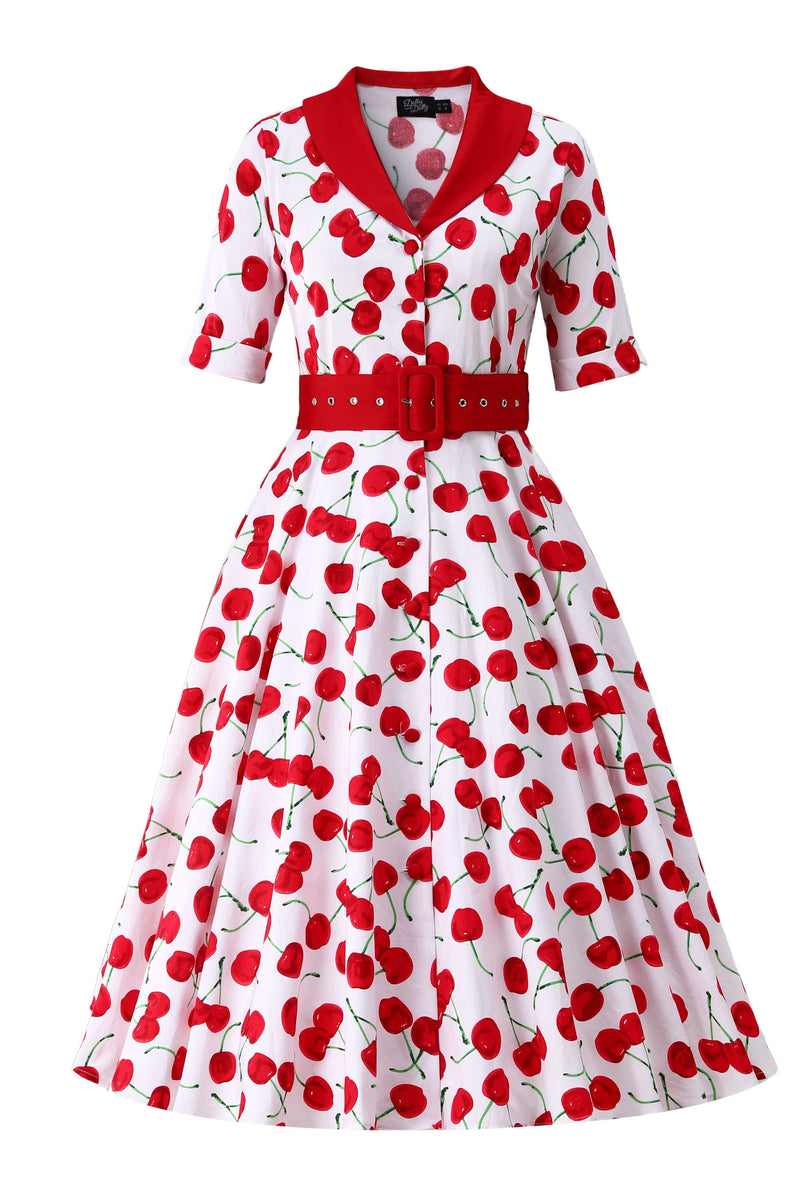 Front view of Mollie Cherry Full Circle Shirt Dress In White