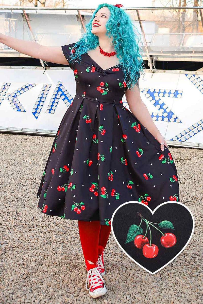 cherry dress black Rockabilly Cherry Off Shoulder Dress In Black