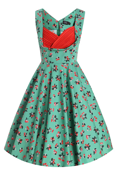 Front View of Cherry Pleated Bust Dress in Emerald Green