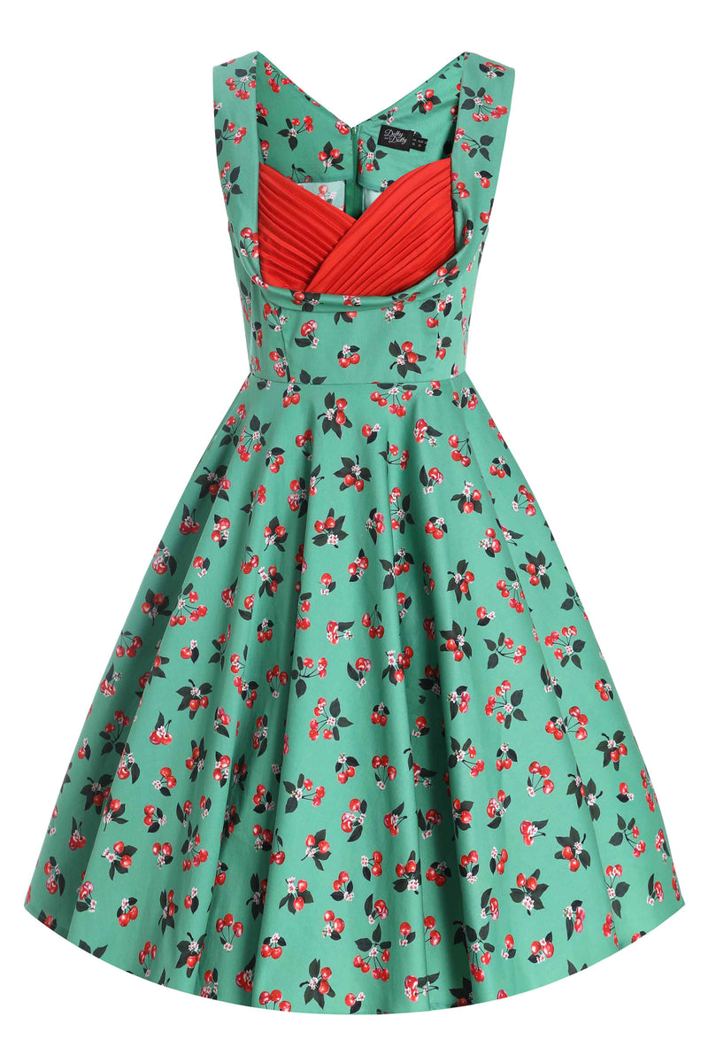 Front View of Cherry Pleated Bust Dress in Emerald Green
