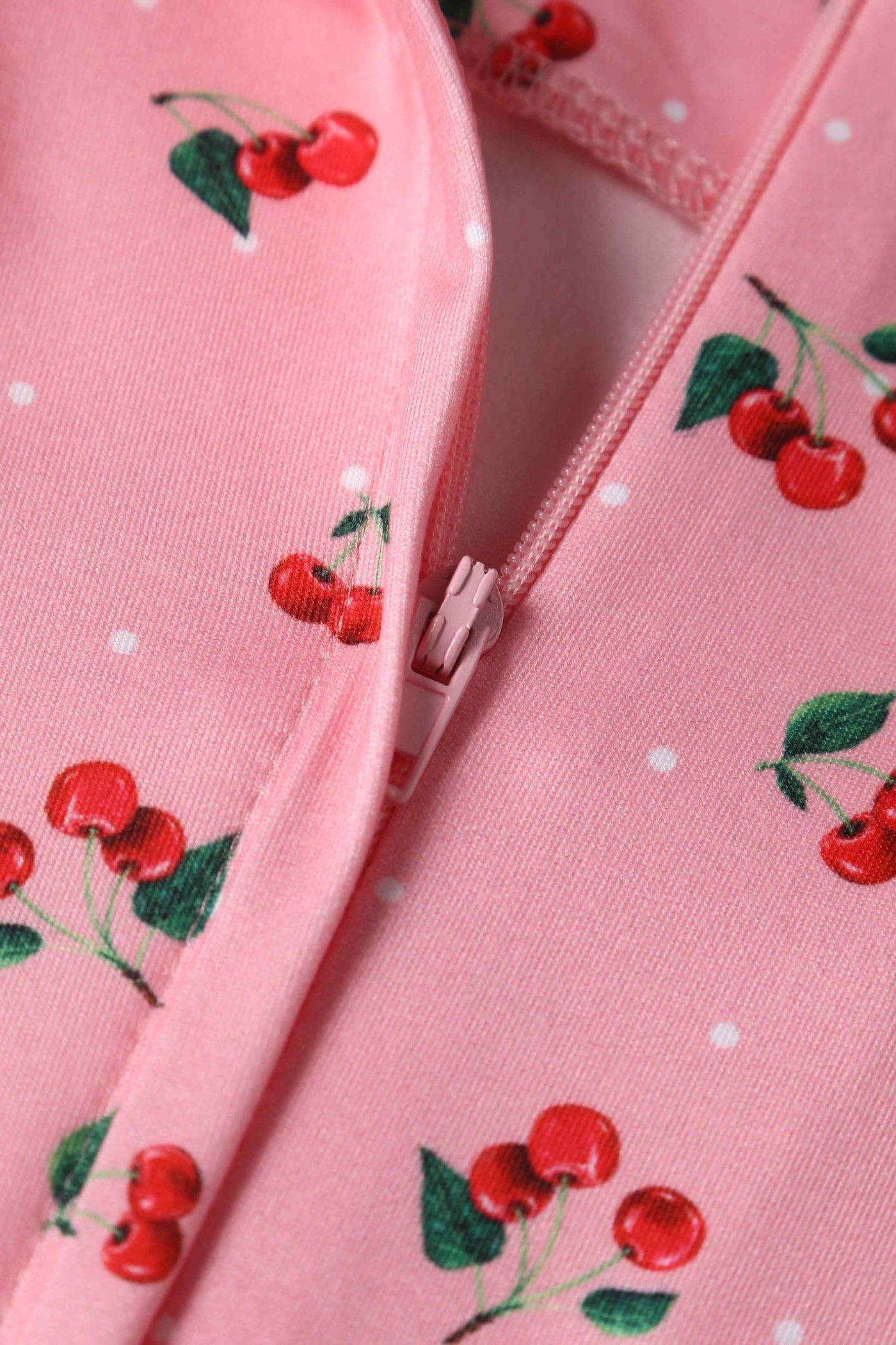 Close up view of Cherry Print 50s Style Dress in Pink