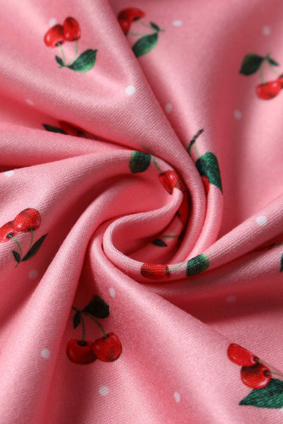 Close up view of Cherry Print 50s Style Dress in Pink