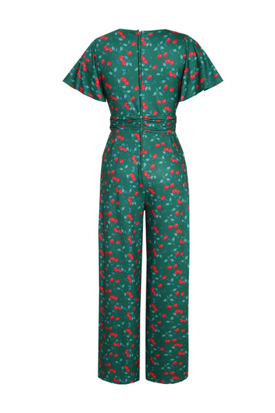 Back View of Cherry Print Jumpsuit in Emerald Green