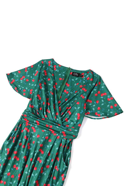 Close up View of Cherry Print Jumpsuit in Emerald Green