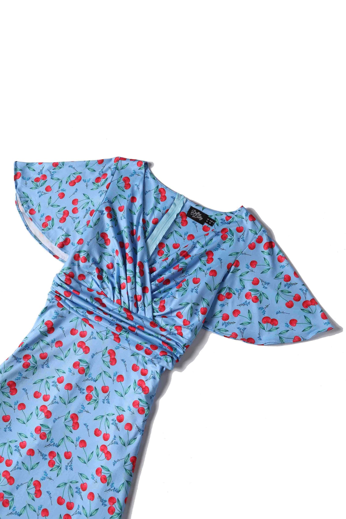 Close up view of Cherry Print Summer Tea Dress in Blue