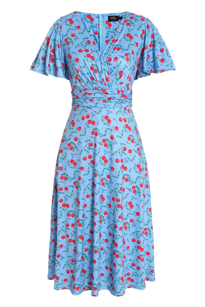 Front view of Cherry Print Summer Tea Dress in Blue