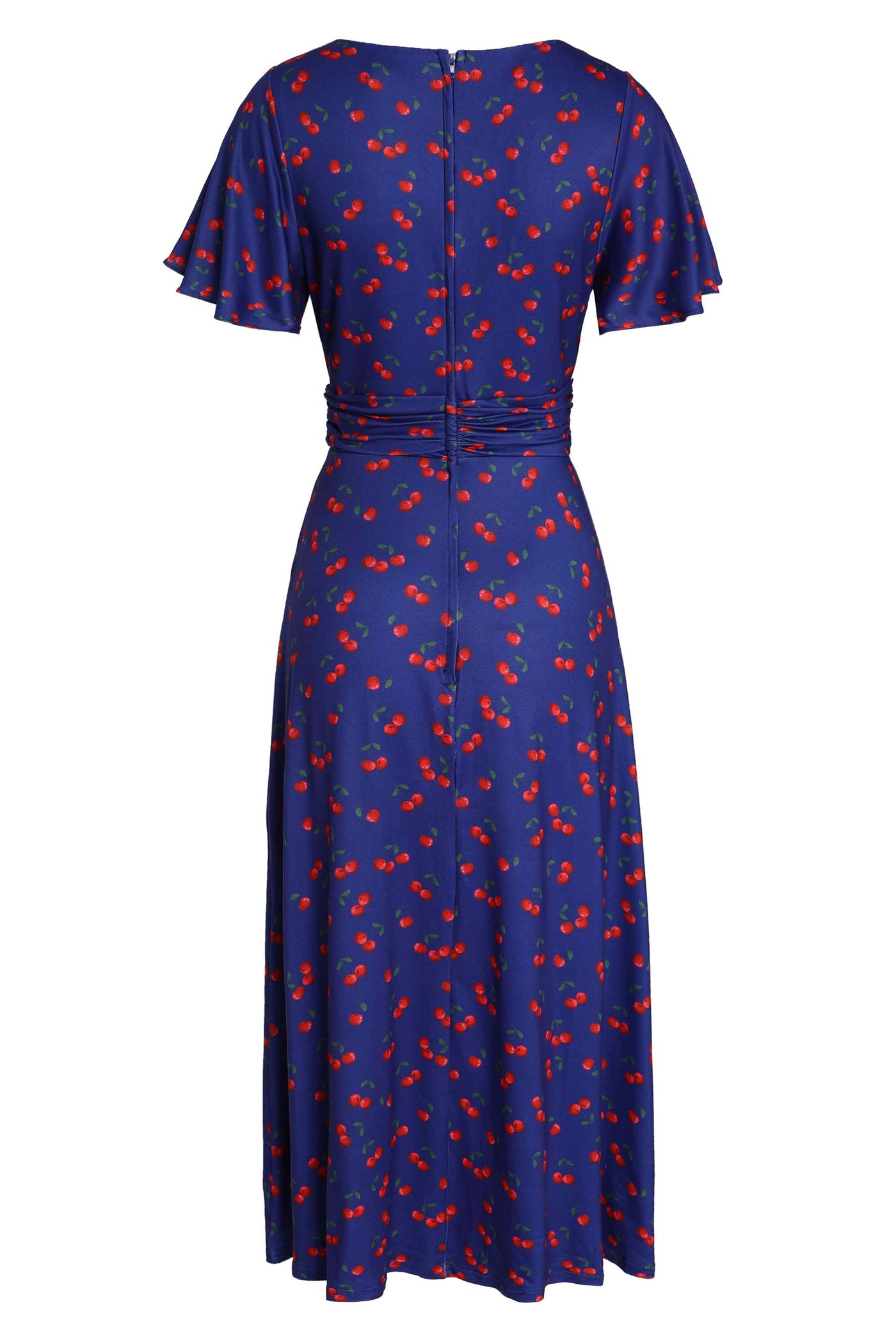 Back View of Cherry Print Tea Dress in Navy Blue